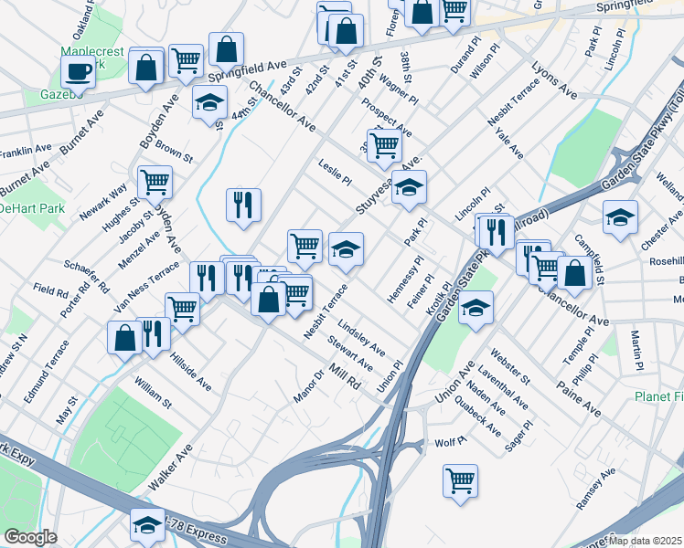 map of restaurants, bars, coffee shops, grocery stores, and more near 32 Saint Paul's Drive in Irvington