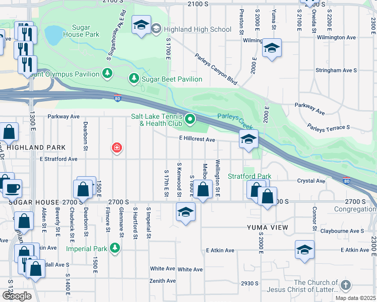 map of restaurants, bars, coffee shops, grocery stores, and more near 2546 S 1800 E in Salt Lake City