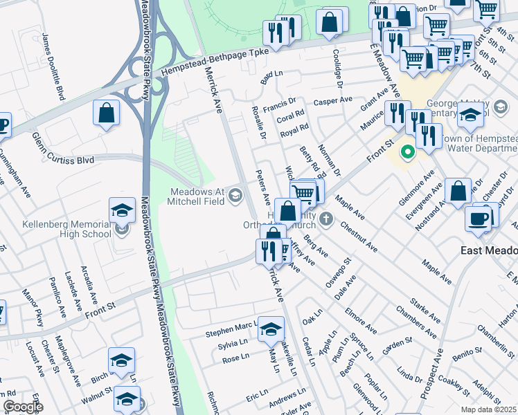 map of restaurants, bars, coffee shops, grocery stores, and more near 265 Merrick Avenue in East Meadow