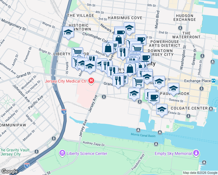 map of restaurants, bars, coffee shops, grocery stores, and more near 111 Liberty View Drive in Jersey City