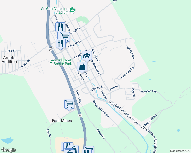 map of restaurants, bars, coffee shops, grocery stores, and more near 343 South Mill Street in Saint Clair