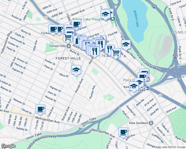map of restaurants, bars, coffee shops, grocery stores, and more near 14 Beechknoll Road in Queens
