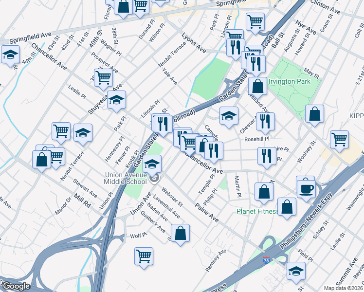 map of restaurants, bars, coffee shops, grocery stores, and more near 721 Chancellor Avenue in Irvington
