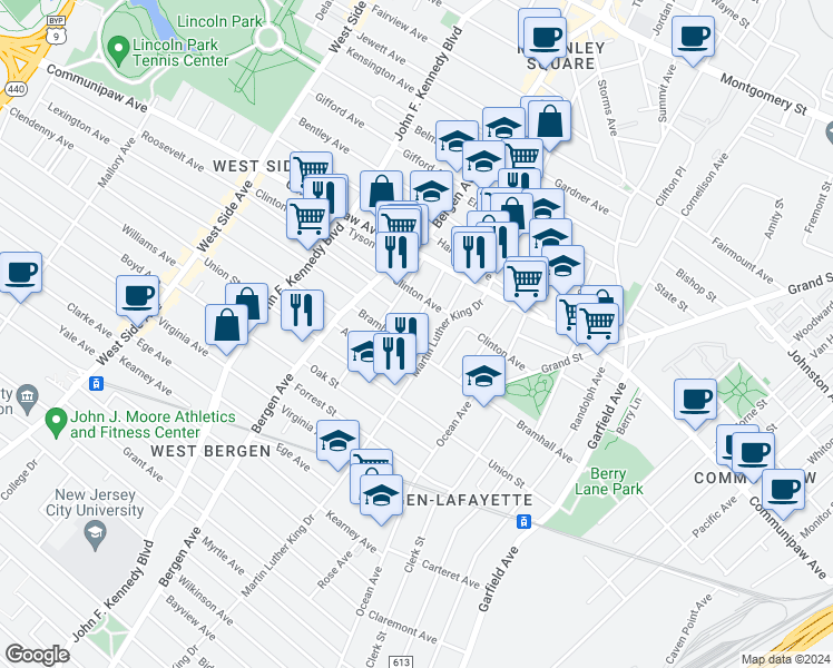 map of restaurants, bars, coffee shops, grocery stores, and more near 10 Seidler Street in Jersey City