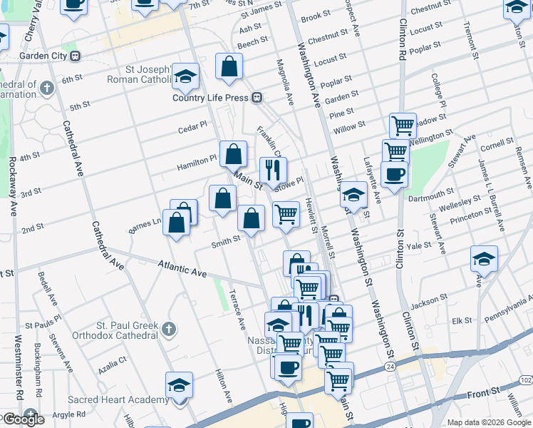 map of restaurants, bars, coffee shops, grocery stores, and more near 281 Main Street in Hempstead