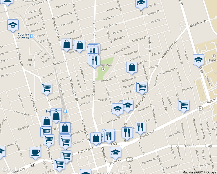 map of restaurants, bars, coffee shops, grocery stores, and more near 80 Stewart Ave in Hempstead