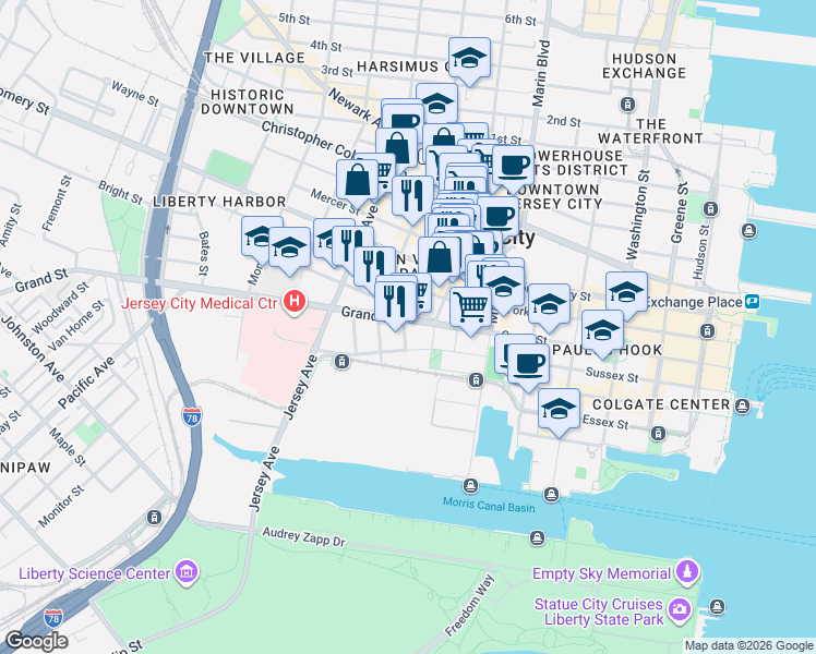 map of restaurants, bars, coffee shops, grocery stores, and more near 120 Tidewater Street in Jersey City