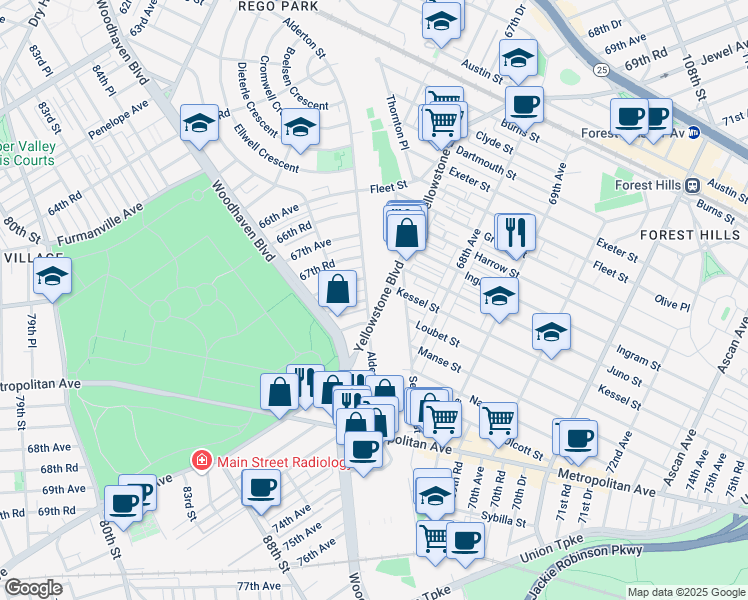 map of restaurants, bars, coffee shops, grocery stores, and more near 67-73 Alderton Street in Queens