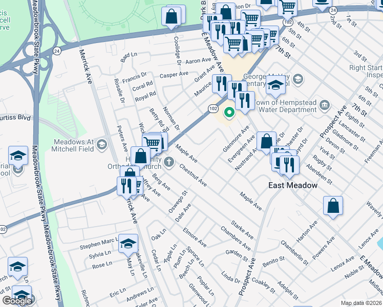 map of restaurants, bars, coffee shops, grocery stores, and more near 181 Maple Avenue in East Meadow