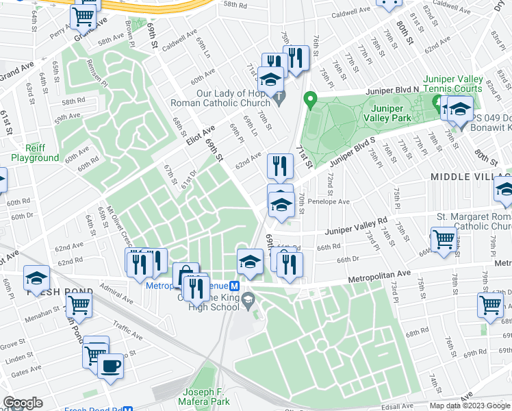 map of restaurants, bars, coffee shops, grocery stores, and more near 69-01 Juniper Boulevard South in Queens