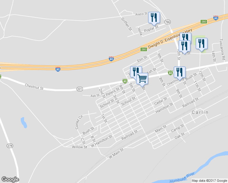 map of restaurants, bars, coffee shops, grocery stores, and more near 315 Peters Street in Carlin