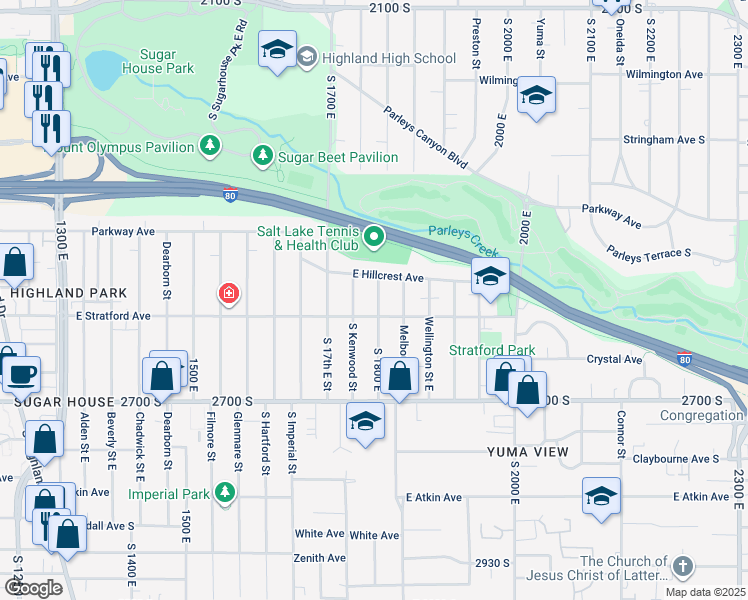 map of restaurants, bars, coffee shops, grocery stores, and more near 2544 South 1800 East in Salt Lake City