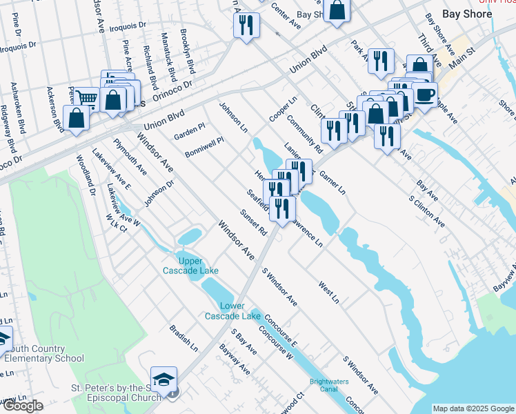 map of restaurants, bars, coffee shops, grocery stores, and more near 16 Seafield Lane in Bay Shore