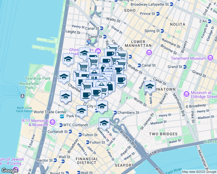map of restaurants, bars, coffee shops, grocery stores, and more near 12 Thomas Street in New York