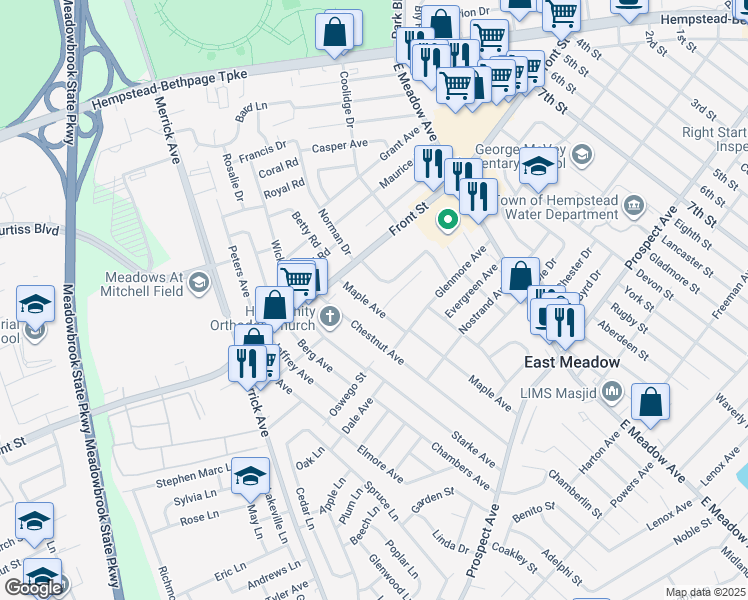 map of restaurants, bars, coffee shops, grocery stores, and more near 181 Maple Avenue in East Meadow