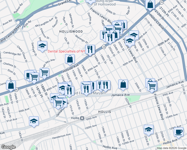 map of restaurants, bars, coffee shops, grocery stores, and more near 89-34 197th Street in Queens