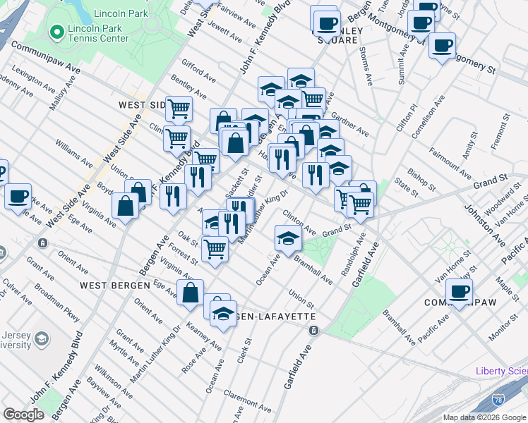 map of restaurants, bars, coffee shops, grocery stores, and more near in Jersey City
