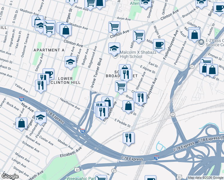 map of restaurants, bars, coffee shops, grocery stores, and more near 172 Johnson Avenue in Newark