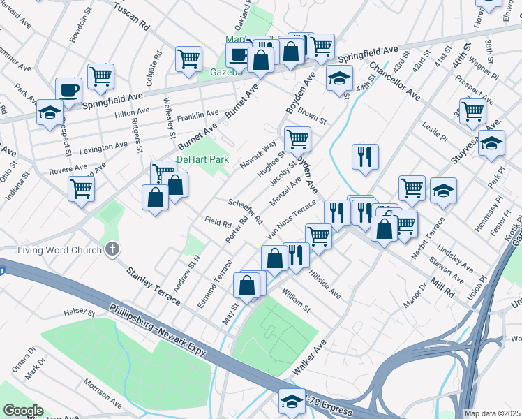 map of restaurants, bars, coffee shops, grocery stores, and more near 52 Menzel Avenue in Maplewood