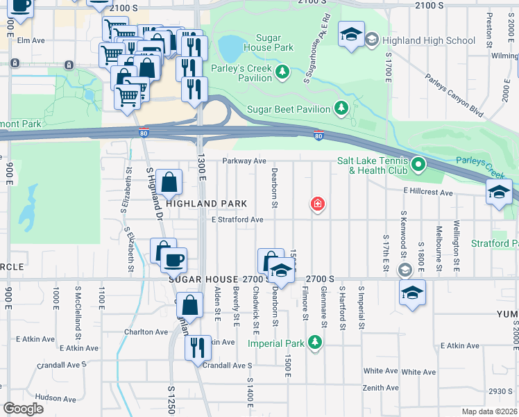 map of restaurants, bars, coffee shops, grocery stores, and more near 2553 Chadwick Street East in Salt Lake City