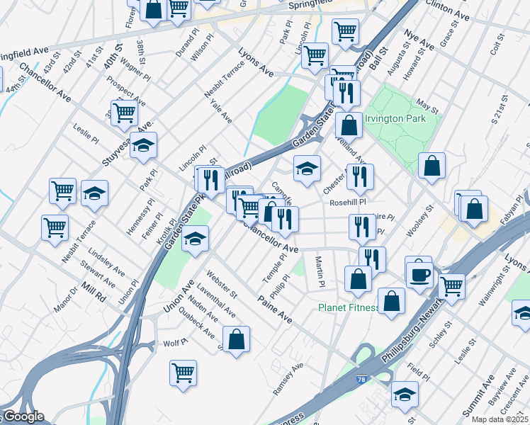 map of restaurants, bars, coffee shops, grocery stores, and more near 14 Kuna Terrace in Irvington