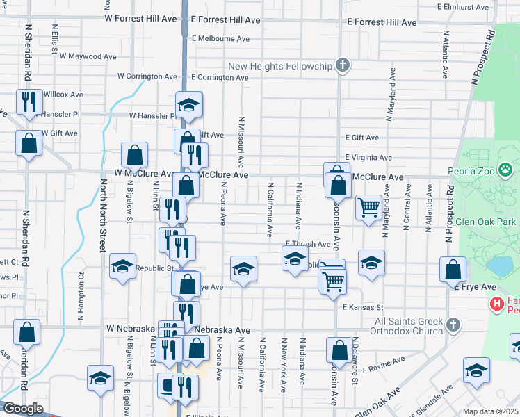 map of restaurants, bars, coffee shops, grocery stores, and more near 418 East Archer Avenue in Peoria