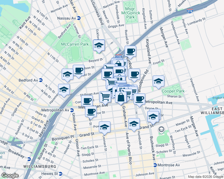 map of restaurants, bars, coffee shops, grocery stores, and more near 141 Skillman Avenue in Brooklyn