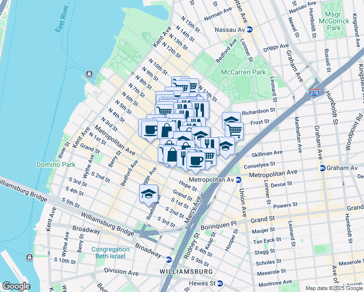 map of restaurants, bars, coffee shops, grocery stores, and more near 88 Roebling Street in Brooklyn