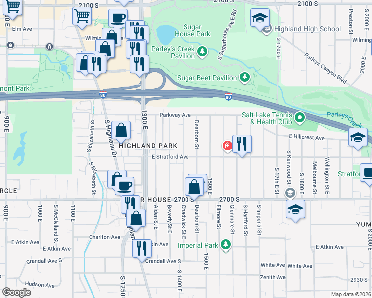 map of restaurants, bars, coffee shops, grocery stores, and more near 2553 Chadwick Street East in Salt Lake City