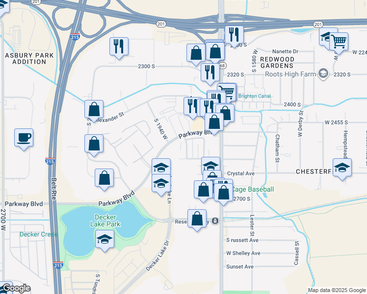 map of restaurants, bars, coffee shops, grocery stores, and more near 2530 South Parkcrest Drive in West Valley City