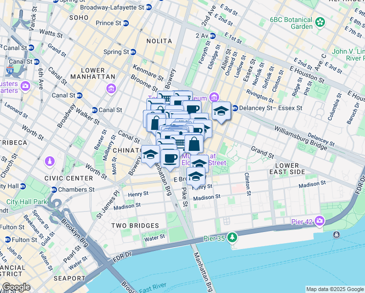 map of restaurants, bars, coffee shops, grocery stores, and more near 50-52 Eldridge Street in New York