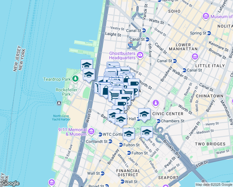 map of restaurants, bars, coffee shops, grocery stores, and more near 155 Chambers Street in New York