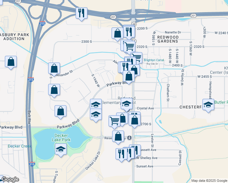 map of restaurants, bars, coffee shops, grocery stores, and more near 2531 South Parkcrest Drive in West Valley City