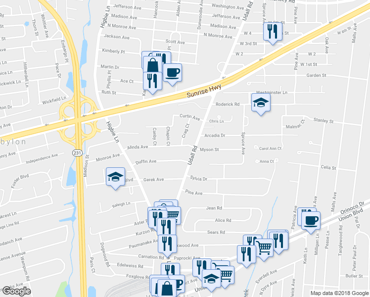 map of restaurants, bars, coffee shops, grocery stores, and more near 84 Alinda Avenue in West Islip