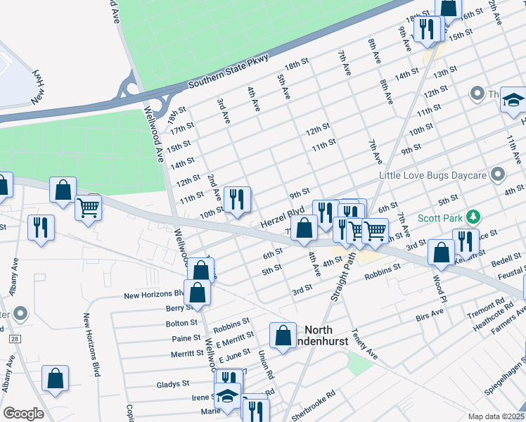 map of restaurants, bars, coffee shops, grocery stores, and more near 303 9th Street in West Babylon