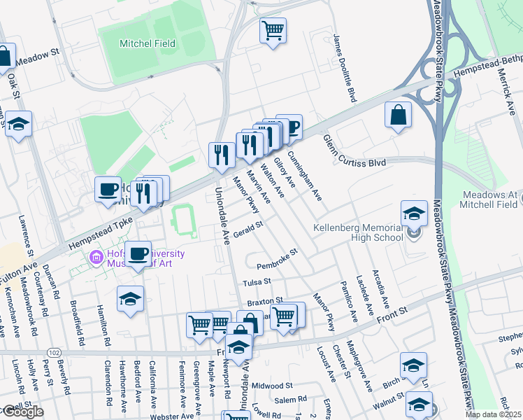 map of restaurants, bars, coffee shops, grocery stores, and more near 73 Manor Parkway in Uniondale