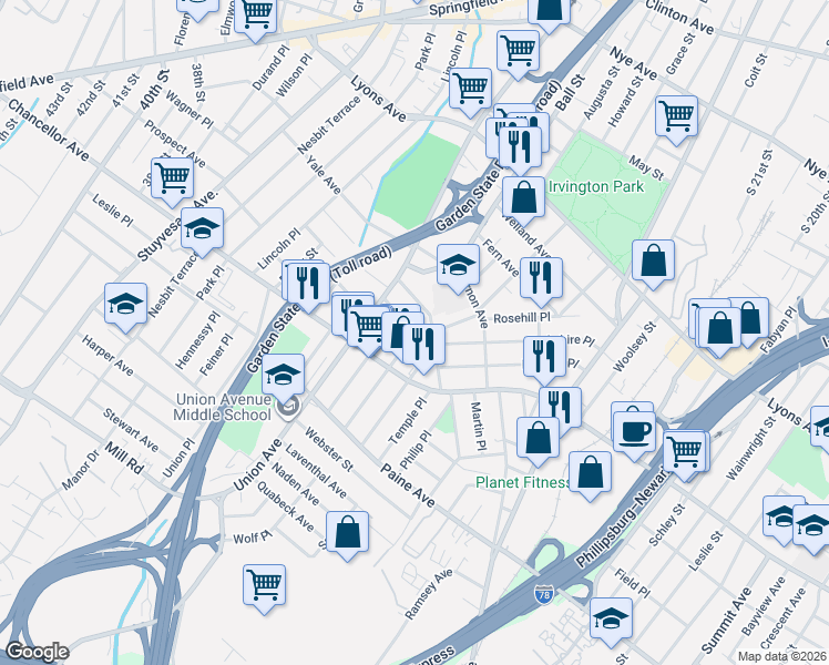 map of restaurants, bars, coffee shops, grocery stores, and more near in Irvington