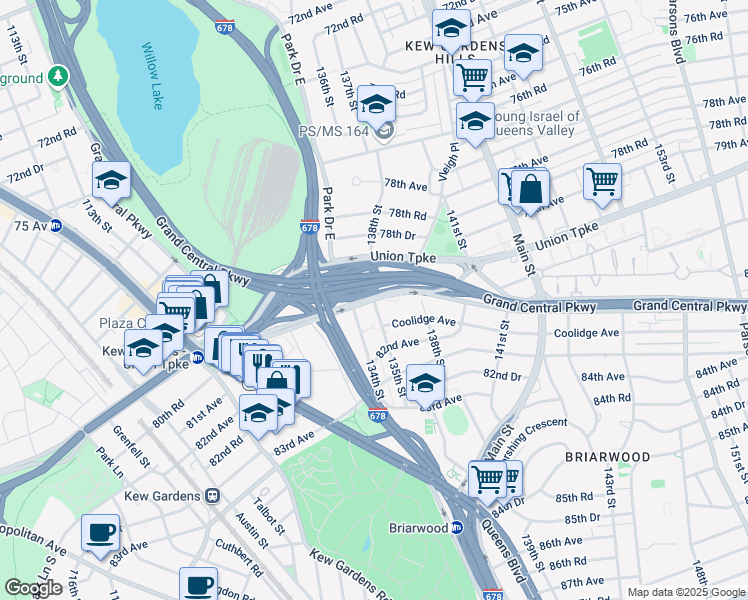 map of restaurants, bars, coffee shops, grocery stores, and more near Union Turnpike & 135th Street in Queens