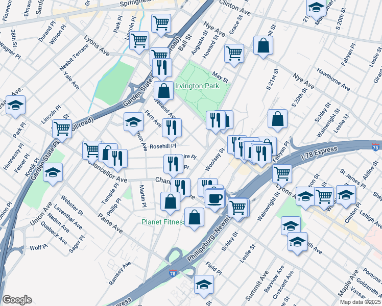 map of restaurants, bars, coffee shops, grocery stores, and more near 18 Berkshire Place in Irvington
