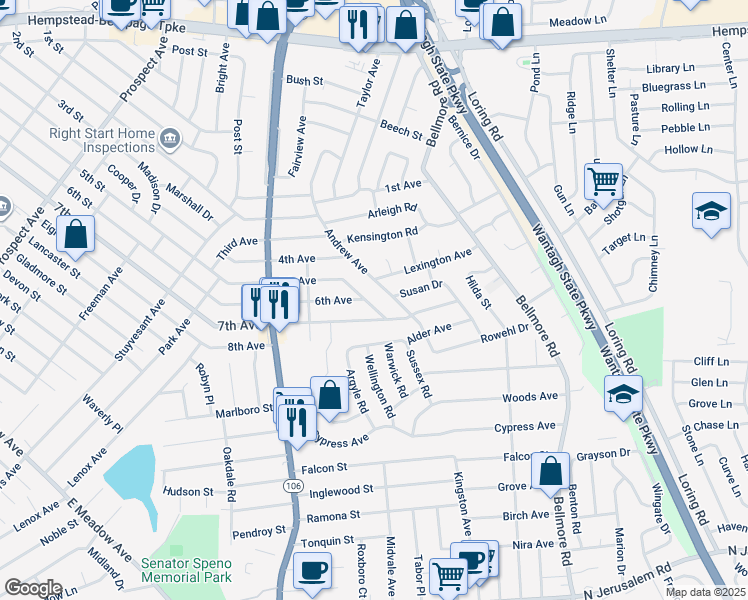 map of restaurants, bars, coffee shops, grocery stores, and more near 319 Oltmann Rd in East Meadow