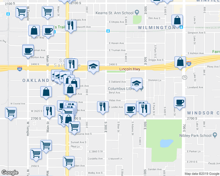 map of restaurants, bars, coffee shops, grocery stores, and more near 2519 South 300 East in Salt Lake City