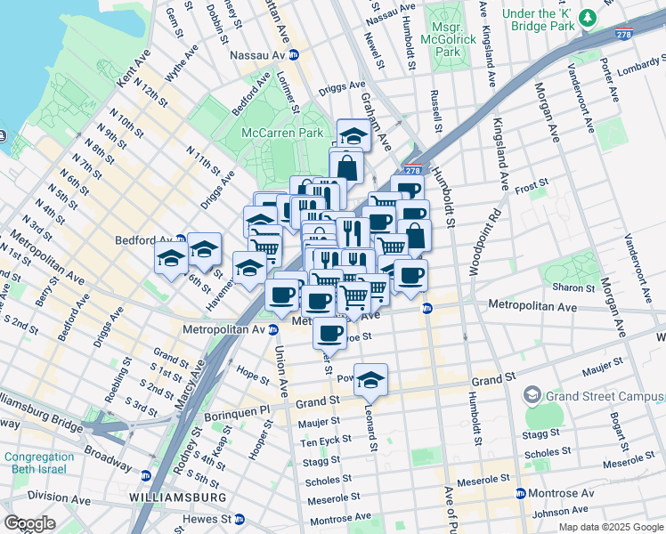 map of restaurants, bars, coffee shops, grocery stores, and more near 76 Jackson Street in Brooklyn
