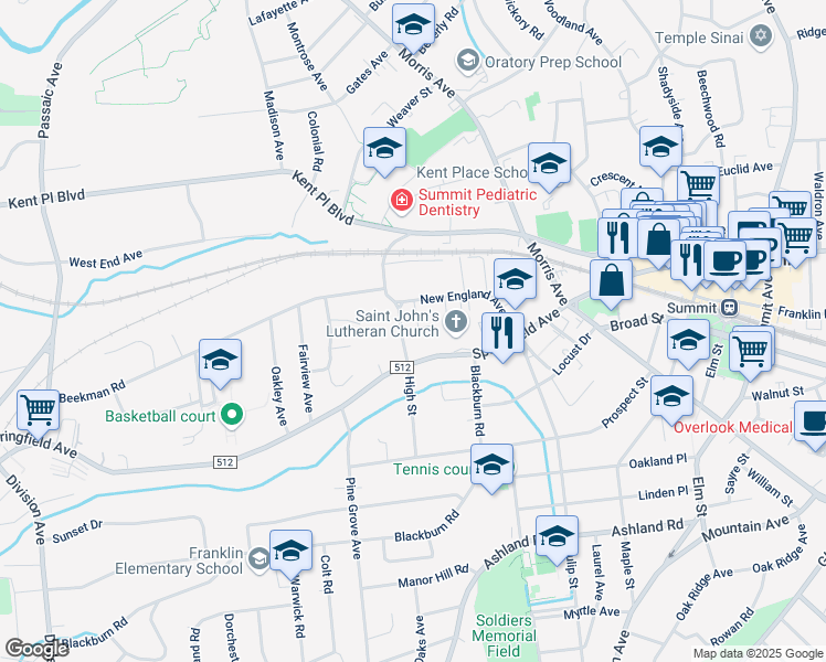 map of restaurants, bars, coffee shops, grocery stores, and more near 53 High Street in Summit