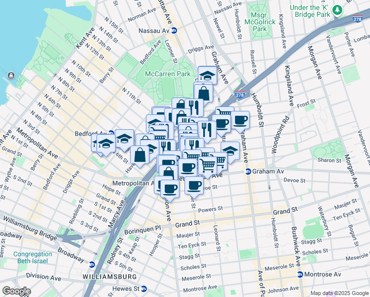 map of restaurants, bars, coffee shops, grocery stores, and more near in Brooklyn