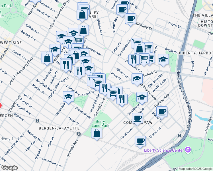 map of restaurants, bars, coffee shops, grocery stores, and more near 704 Grand Street in Jersey City