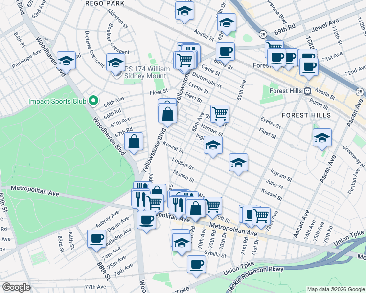 map of restaurants, bars, coffee shops, grocery stores, and more near 92-09 68th Avenue in Queens
