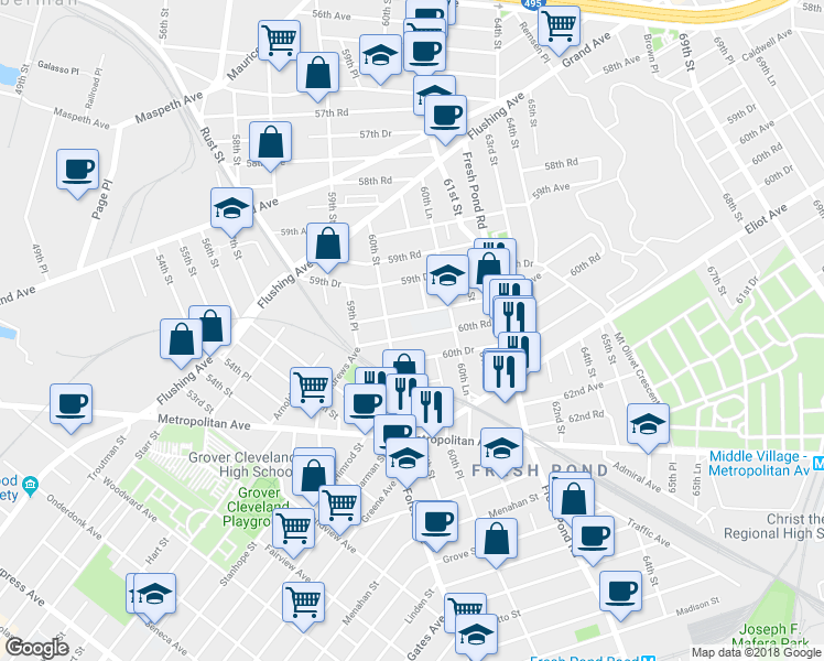 map of restaurants, bars, coffee shops, grocery stores, and more near 60-23 60th Road in Queens