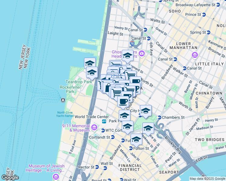 map of restaurants, bars, coffee shops, grocery stores, and more near 155 Chambers Street in New York