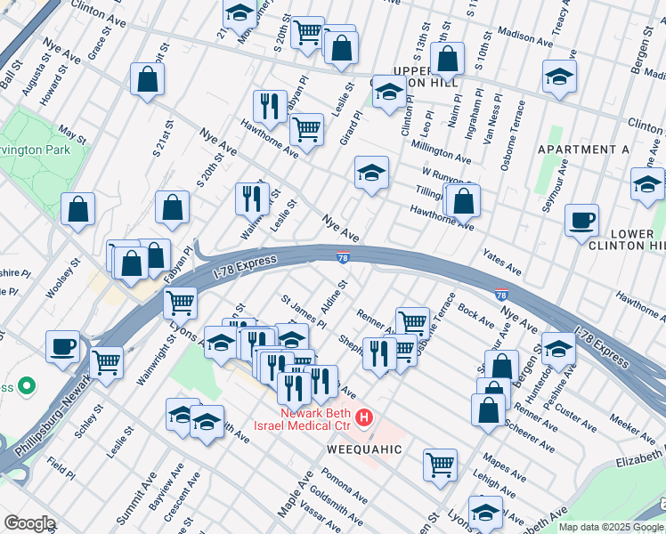 map of restaurants, bars, coffee shops, grocery stores, and more near 22 Edmonds Place in Newark