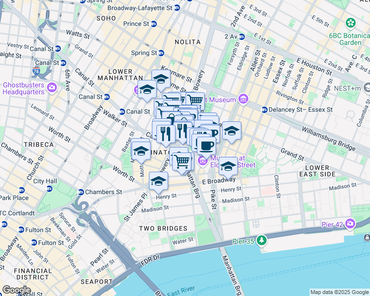 map of restaurants, bars, coffee shops, grocery stores, and more near 45 Chrystie Street in New York